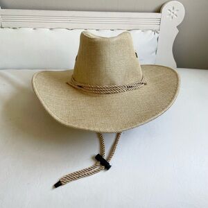 NWOT KHAKI COWBOY WESTERN HAT TOGGLED CHIN STRAP ADJUSTABLE TAN RIGID